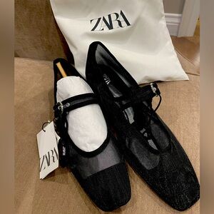 NWT Zara Size 37 mesh ballet flat Mary Jane style with square toe, silver buckle